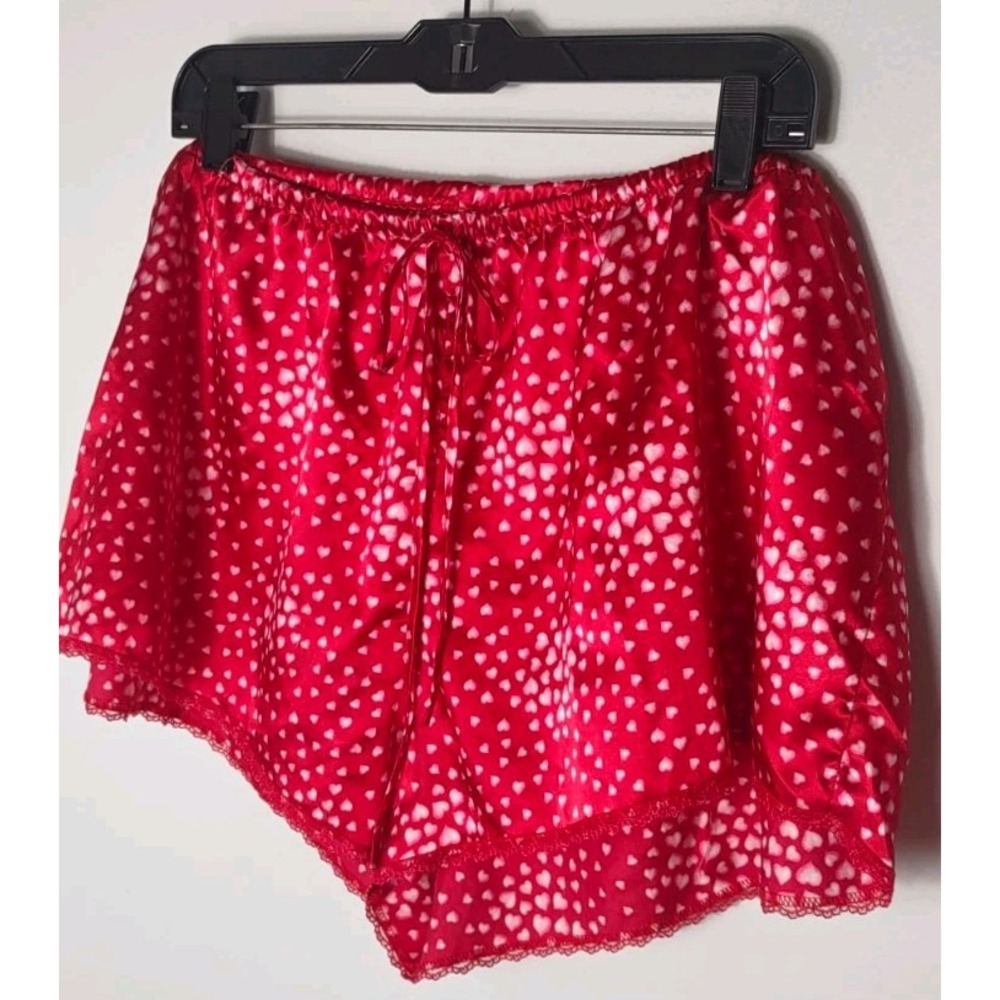 Women's Satin Sleep Shorts L Red White Heart Print Drawstring Bow Lightweight